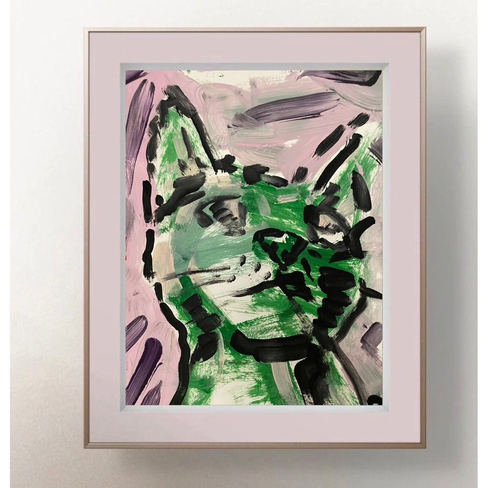 Oman Hosea Original Art 9x12 Neo Expressionist Green Kitty Cat Paper Painting